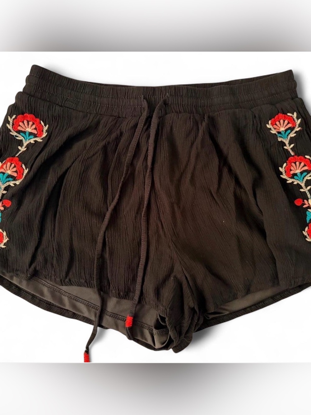 Blue Sky Black Shorts with Red & Teal Floral Embroidery
